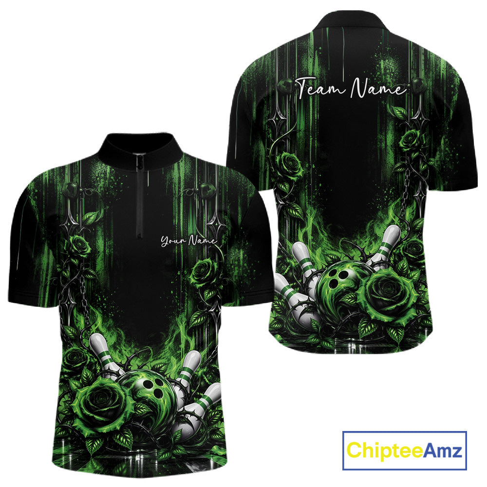 Custom Green Roses Bowling Team Men Quarter Zip Shirt, Flower Bowling Jersey Gift Bowlers Outfit IPHW12230