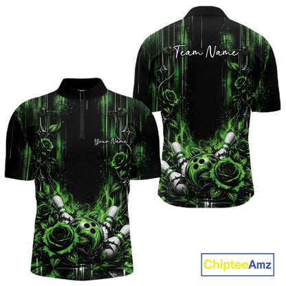 Custom Green Roses Bowling Team Men Quarter Zip Shirt, Flower Bowling Jersey Gift Bowlers Outfit IPHW12230