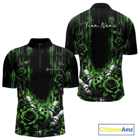 Custom Green Roses Bowling Team Men Quarter Zip Shirt, Flower Bowling Jersey Gift Bowlers Outfit IPHW12230