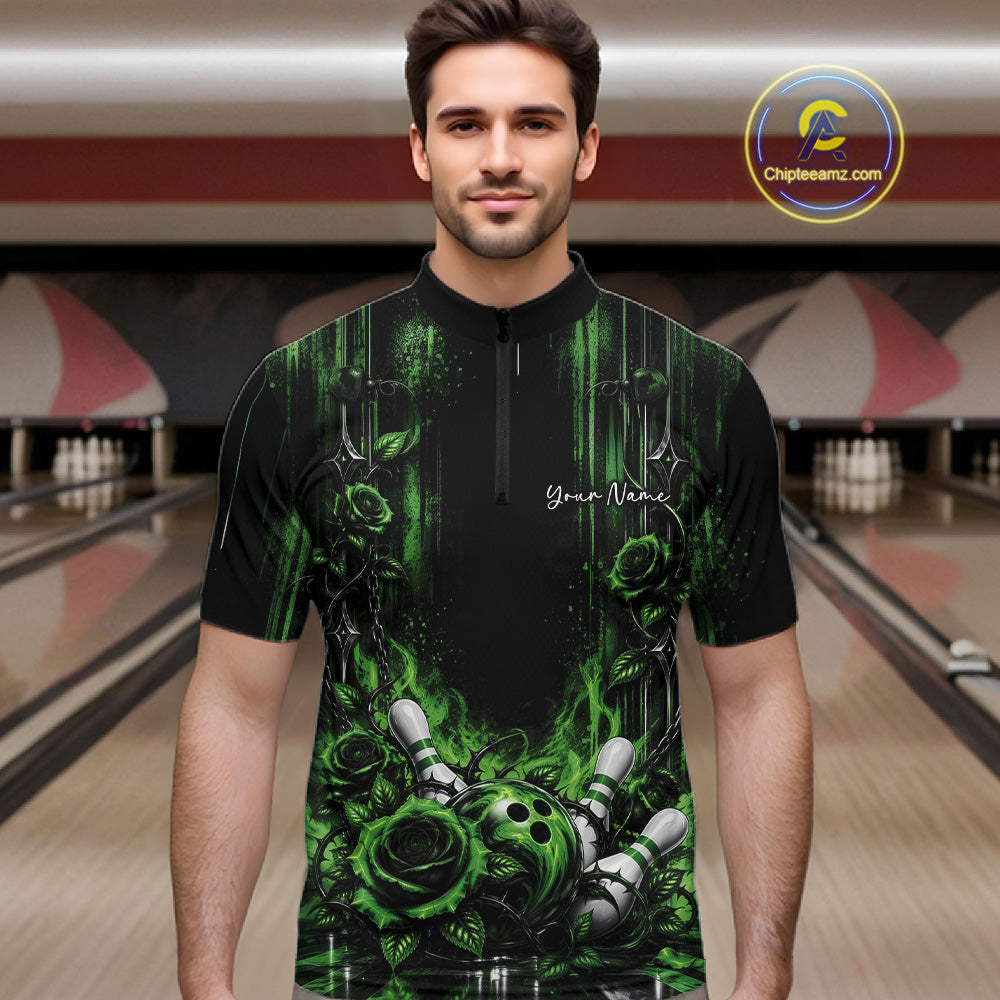 Custom Green Roses Bowling Team Men Quarter Zip Shirt, Flower Bowling Jersey Gift Bowlers Outfit IPHW12230
