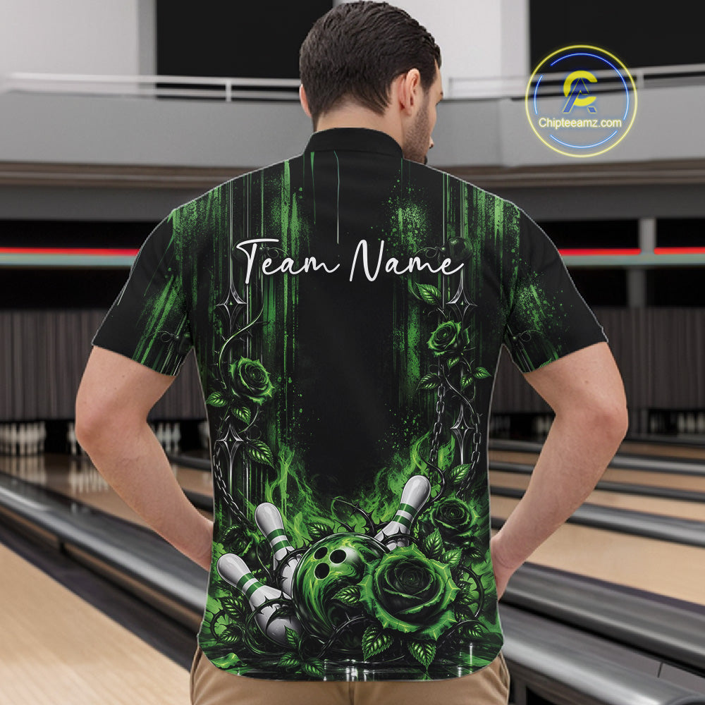 Custom Green Roses Bowling Team Men Quarter Zip Shirt, Flower Bowling Jersey Gift Bowlers Outfit IPHW12230