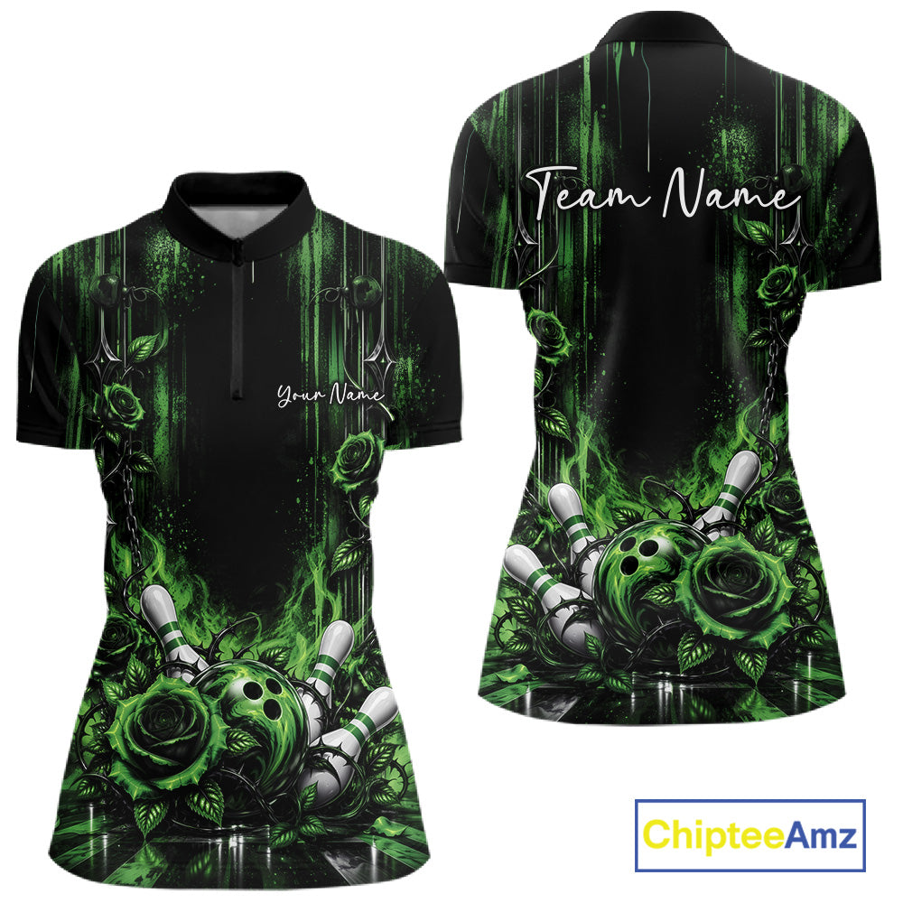 Custom Green Roses Bowling Women Quarter-Zip Shirt, Flower Bowling Jersey Gift IPHW12230