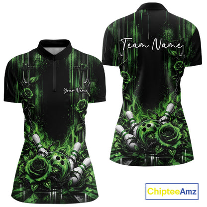 Custom Green Roses Bowling Women Quarter-Zip Shirt, Flower Bowling Jersey Gift IPHW12230