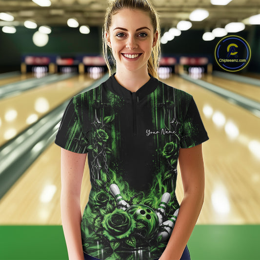 Custom Green Roses Bowling Women Quarter-Zip Shirt, Flower Bowling Jersey Gift IPHW12230