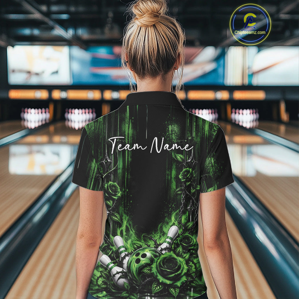 Custom Green Roses Bowling Women Quarter-Zip Shirt, Flower Bowling Jersey Gift IPHW12230