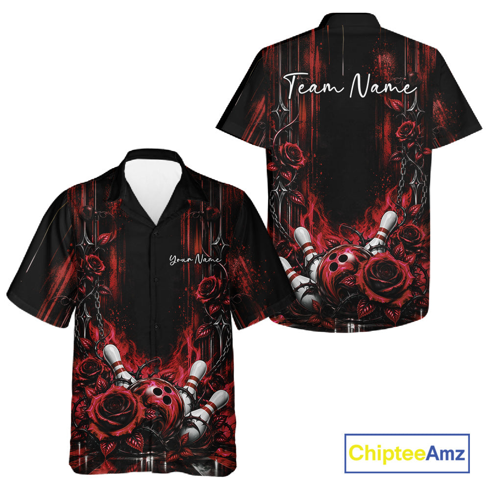 Custom Red Roses Bowling Team Men And Women Button Up Shirt, Flower Bowling Jersey Gift Bowlers Outfit IPHW12231