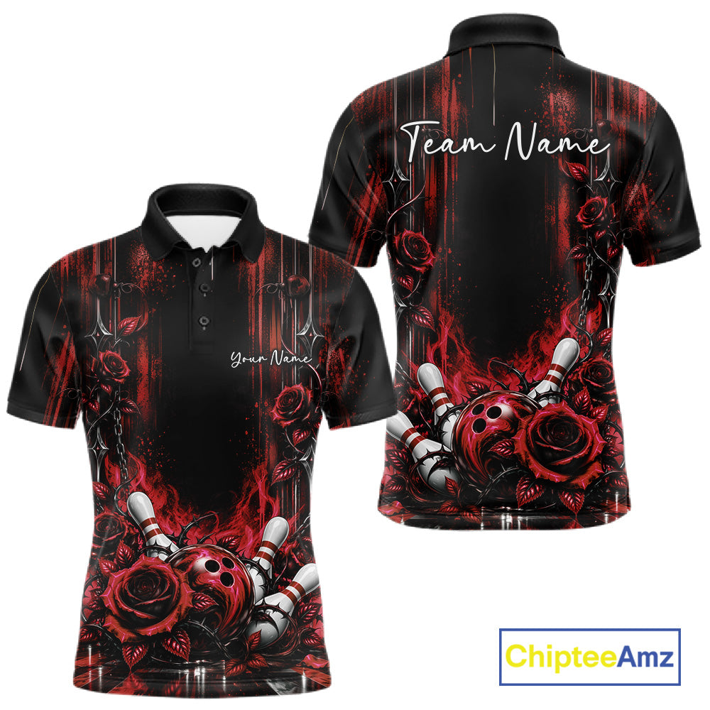 Custom Red Roses Bowling Team Men Polo Shirt, Flower Bowling Jersey Gift Bowlers Outfit IPHW12231