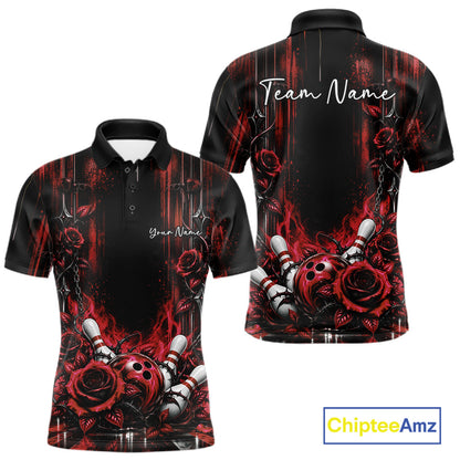 Custom Red Roses Bowling Team Men Polo Shirt, Flower Bowling Jersey Gift Bowlers Outfit IPHW12231