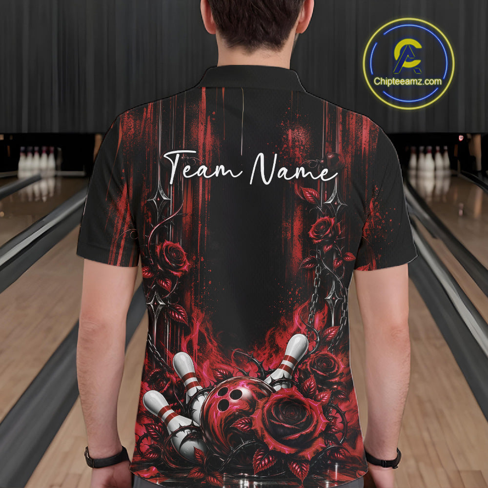 Custom Red Roses Bowling Team Men Polo Shirt, Flower Bowling Jersey Gift Bowlers Outfit IPHW12231