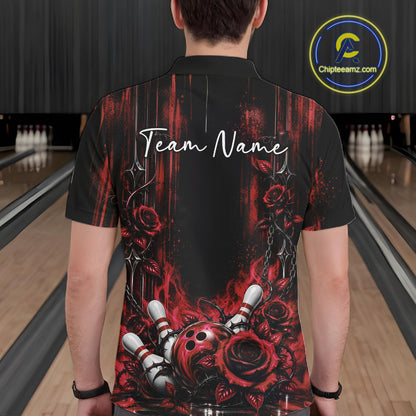 Custom Red Roses Bowling Team Men Polo Shirt, Flower Bowling Jersey Gift Bowlers Outfit IPHW12231