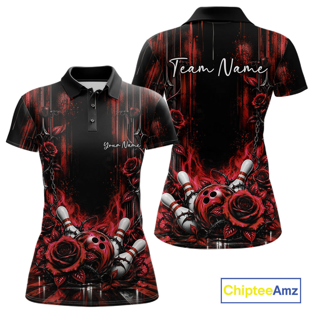 Custom Red Roses Bowling Team Women Polo Shirt, Flower Bowling Jersey Gift Bowlers Outfit IPHW12231