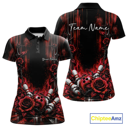 Custom Red Roses Bowling Team Women Polo Shirt, Flower Bowling Jersey Gift Bowlers Outfit IPHW12231