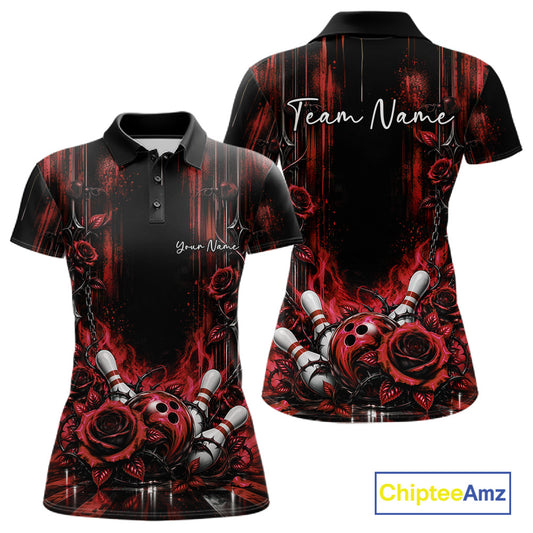 Custom Red Roses Bowling Team Women Polo Shirt, Flower Bowling Jersey Gift Bowlers Outfit IPHW12231