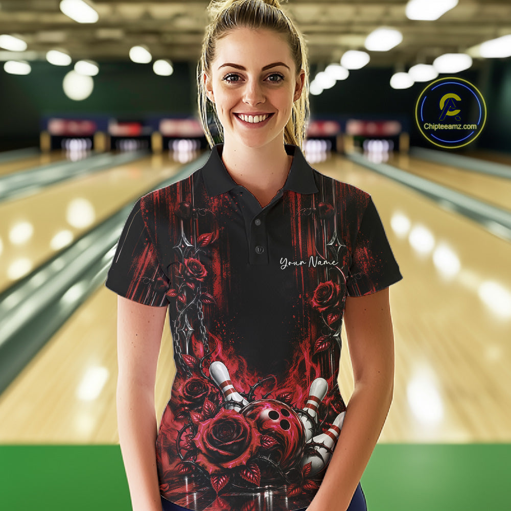 Custom Red Roses Bowling Team Women Polo Shirt, Flower Bowling Jersey Gift Bowlers Outfit IPHW12231