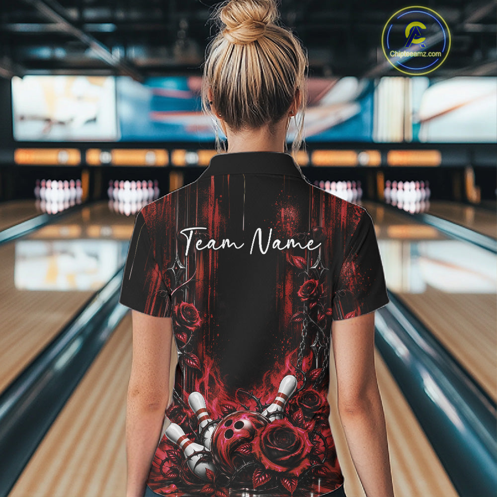 Custom Red Roses Bowling Team Women Polo Shirt, Flower Bowling Jersey Gift Bowlers Outfit IPHW12231
