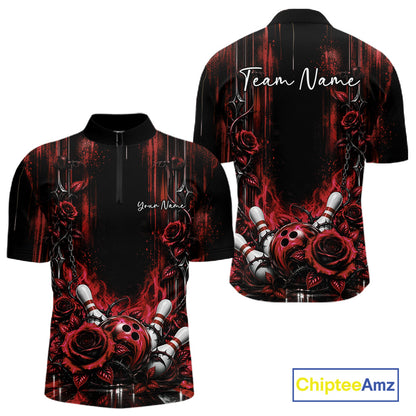 Custom Red Roses Bowling Team Men Quarter Zip Shirt, Flower Bowling Jersey Gift Bowlers Outfit IPHW12231