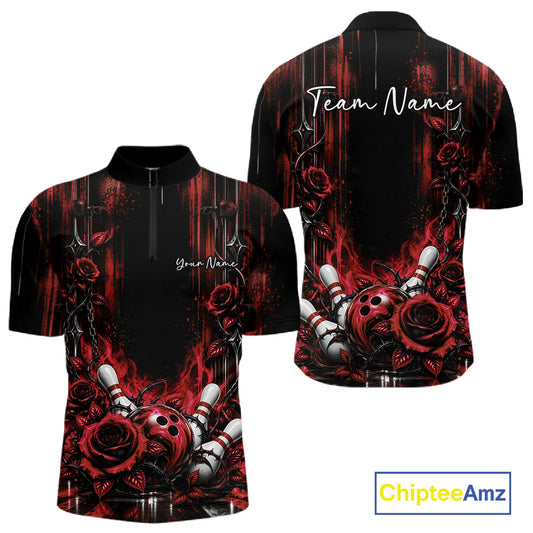 Custom Red Roses Bowling Team Men Quarter Zip Shirt, Flower Bowling Jersey Gift Bowlers Outfit IPHW12231
