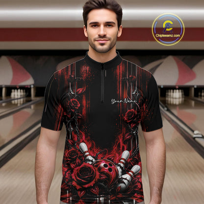 Custom Red Roses Bowling Team Men Quarter Zip Shirt, Flower Bowling Jersey Gift Bowlers Outfit IPHW12231