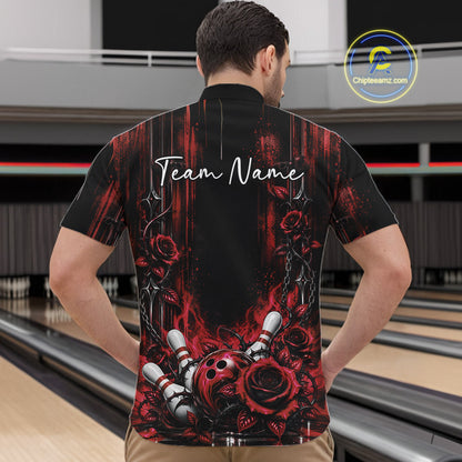 Custom Red Roses Bowling Team Men Quarter Zip Shirt, Flower Bowling Jersey Gift Bowlers Outfit IPHW12231