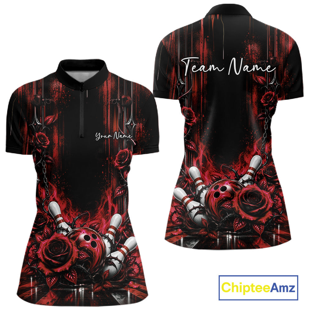 Custom Red Roses Bowling Women Quarter-Zip Shirt, Flower Bowling Jersey Gift IPHW12231