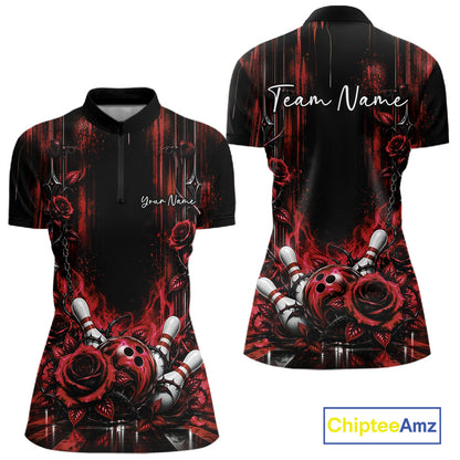 Custom Red Roses Bowling Women Quarter-Zip Shirt, Flower Bowling Jersey Gift IPHW12231