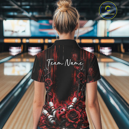 Custom Red Roses Bowling Women Quarter-Zip Shirt, Flower Bowling Jersey Gift IPHW12231