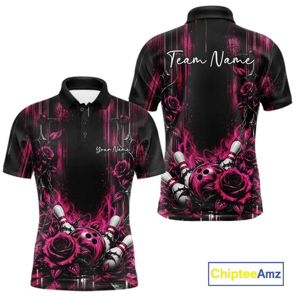 Custom Pink Roses Bowling Team Men Polo Shirt, Flower Bowling Jersey Gift Bowlers Outfit IPHW12232