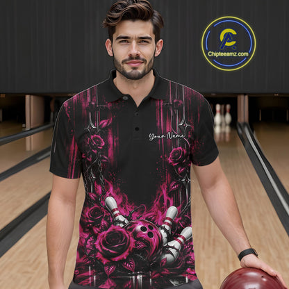 Custom Pink Roses Bowling Team Men Polo Shirt, Flower Bowling Jersey Gift Bowlers Outfit IPHW12232