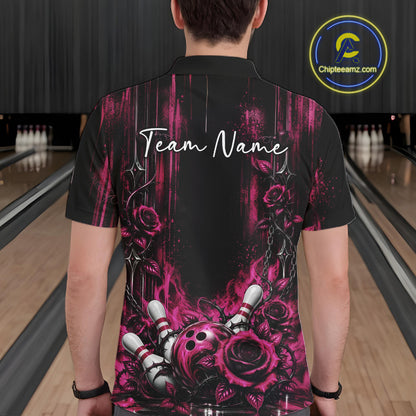 Custom Pink Roses Bowling Team Men Polo Shirt, Flower Bowling Jersey Gift Bowlers Outfit IPHW12232
