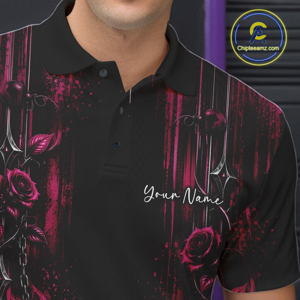 Custom Pink Roses Bowling Team Men Polo Shirt, Flower Bowling Jersey Gift Bowlers Outfit IPHW12232