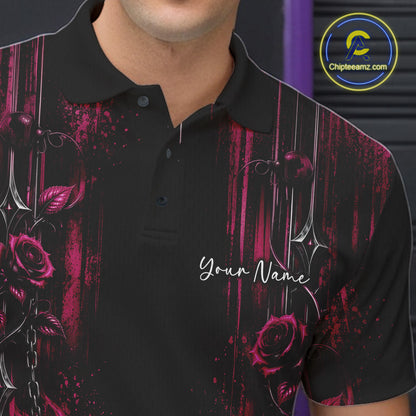Custom Pink Roses Bowling Team Men Polo Shirt, Flower Bowling Jersey Gift Bowlers Outfit IPHW12232