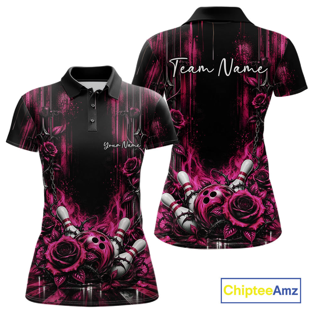 Custom Pink Roses Bowling Team Women Polo Shirt, Flower Bowling Jersey Gift Bowlers Outfit IPHW12232