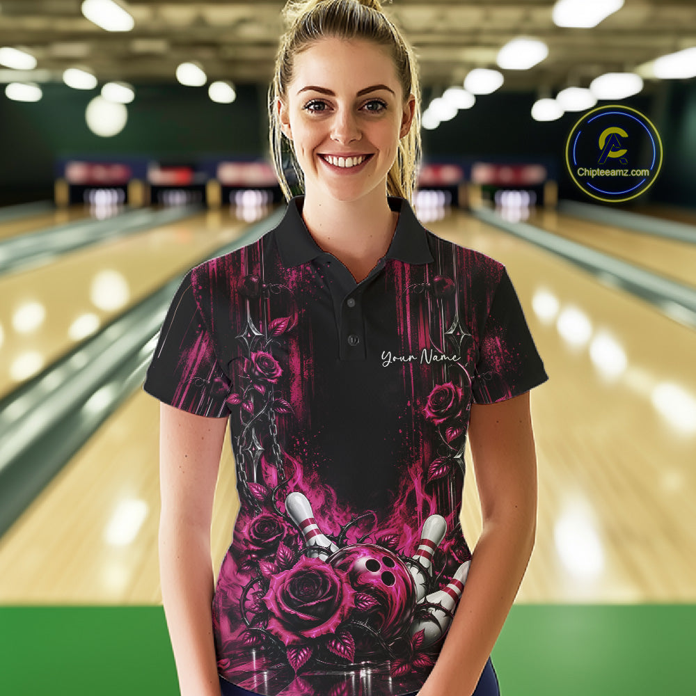 Custom Pink Roses Bowling Team Women Polo Shirt, Flower Bowling Jersey Gift Bowlers Outfit IPHW12232