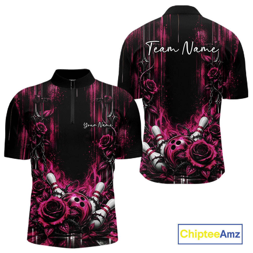 Custom Pink Roses Bowling Team Men Quarter Zip Shirt, Flower Bowling Jersey Gift Bowlers Outfit IPHW12232