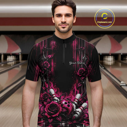 Custom Pink Roses Bowling Team Men Quarter Zip Shirt, Flower Bowling Jersey Gift Bowlers Outfit IPHW12232