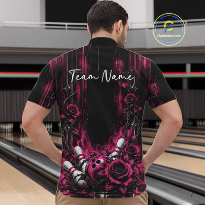 Custom Pink Roses Bowling Team Men Quarter Zip Shirt, Flower Bowling Jersey Gift Bowlers Outfit IPHW12232