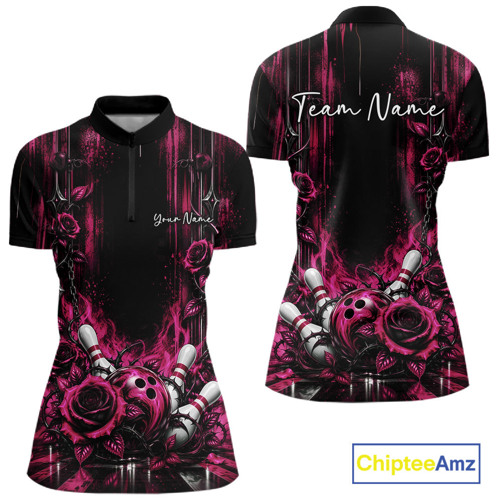 Custom Pink Roses Bowling Women Quarter-Zip Shirt, Flower Bowling Jersey Gift IPHW12232