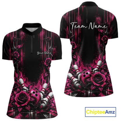 Custom Pink Roses Bowling Women Quarter-Zip Shirt, Flower Bowling Jersey Gift IPHW12232