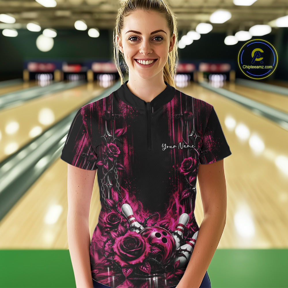 Custom Pink Roses Bowling Women Quarter-Zip Shirt, Flower Bowling Jersey Gift IPHW12232