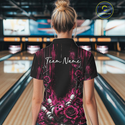 Custom Pink Roses Bowling Women Quarter-Zip Shirt, Flower Bowling Jersey Gift IPHW12232