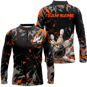 Black And Orange Splatter Bowling Shirts For Men, Bowling Team Uniform Bowler Outfit IPHW7984