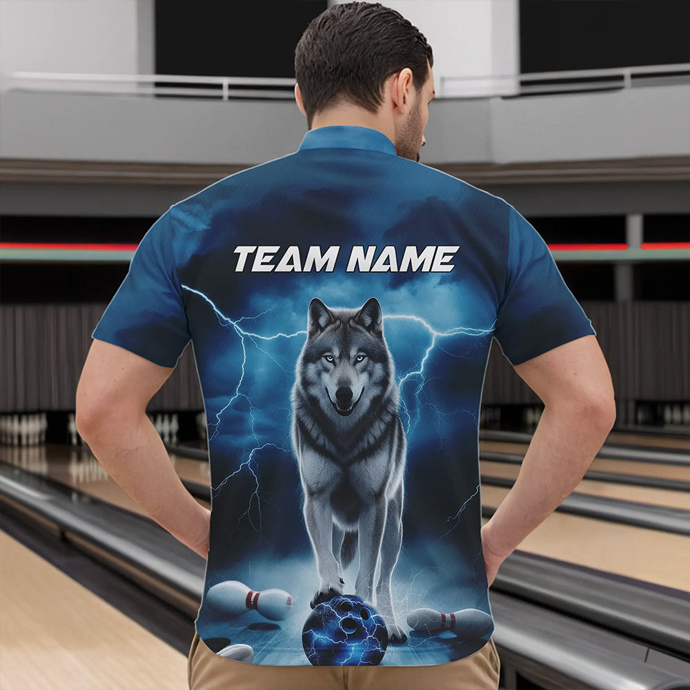Blue Thunder Lightning Custom Wolf Bowling Quarter-Zip Shirts For Men, Wolf Bowling Team Shirt IPHW8424