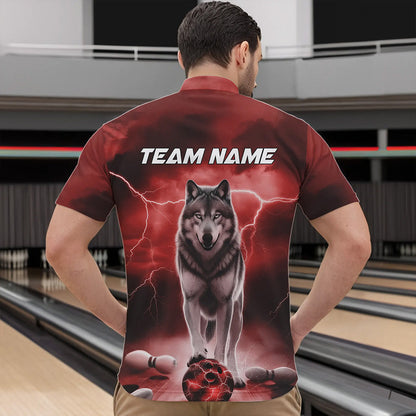 Red Thunder Lightning Custom Wolf Bowling Quarter-Zip Shirts For Men, Wolf Bowling Team Shirt IPHW8425