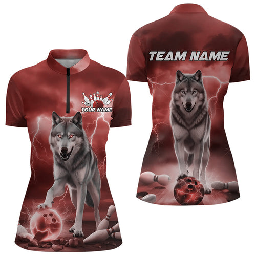 Red Thunder Lightning Custom Wolf Bowling Womens Quarter-Zip Shirts, Bowling Team Shirt IPHW8425