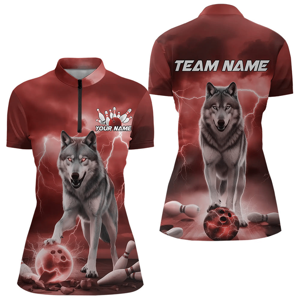 Red Thunder Lightning Custom Wolf Bowling Womens Quarter-Zip Shirts, Bowling Team Shirt IPHW8425