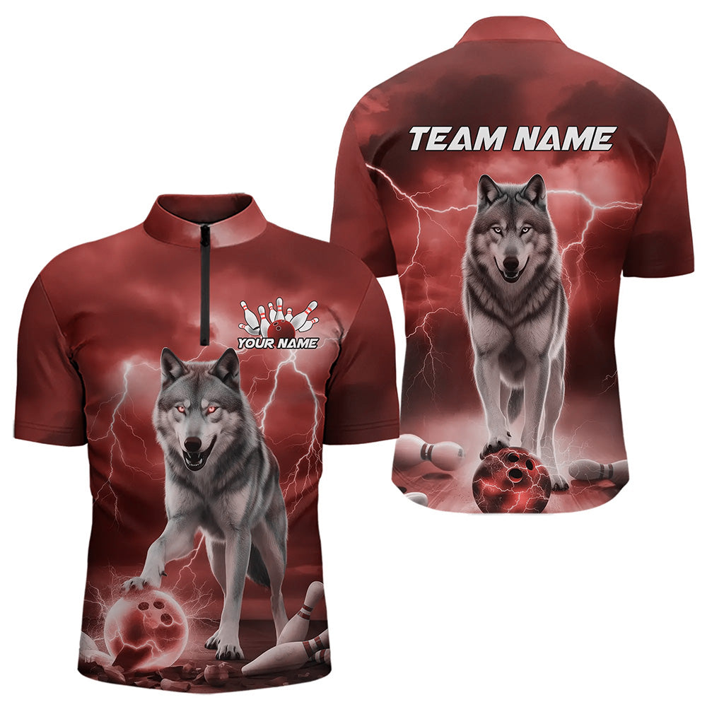 Red Thunder Lightning Custom Wolf Bowling Quarter-Zip Shirts For Men, Wolf Bowling Team Shirt IPHW8425