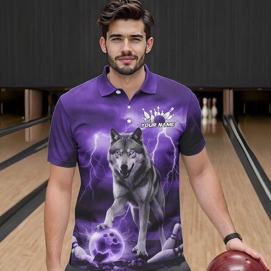 Purple Thunder Lightning Custom Wolf Bowling Polo Shirts For Men, Wolf Bowling Team Shirt IPHW8426