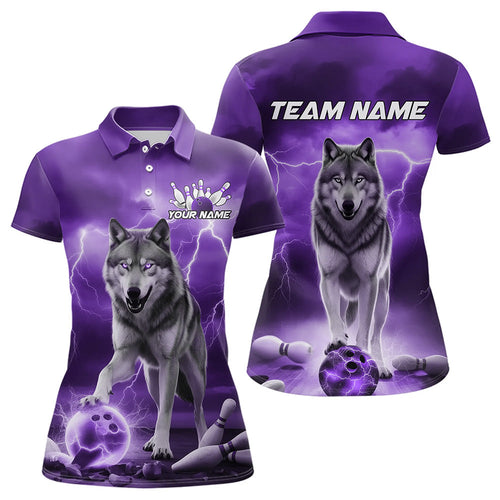 Purple Thunder Lightning Custom Wolf Bowling Polo Shirts For Women, Wolf Bowling Team Shirt IPHW8426