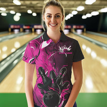 Load image into Gallery viewer, Black And Pink Custom Flame Bowling Polo Shirts For Women, Fire Bowling League Team Shirt IPHW8630