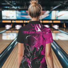 Load image into Gallery viewer, Black And Pink Custom Flame Bowling Polo Shirts For Women, Fire Bowling League Team Shirt IPHW8630